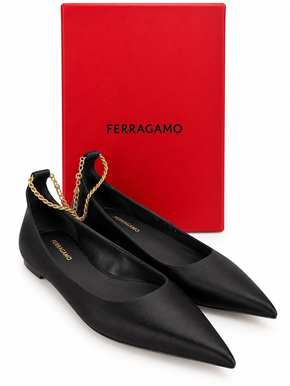 Ferragamo Dada T Black Satin Ankle Chain Ballet Flats EU 37 US 6.5 | NIB